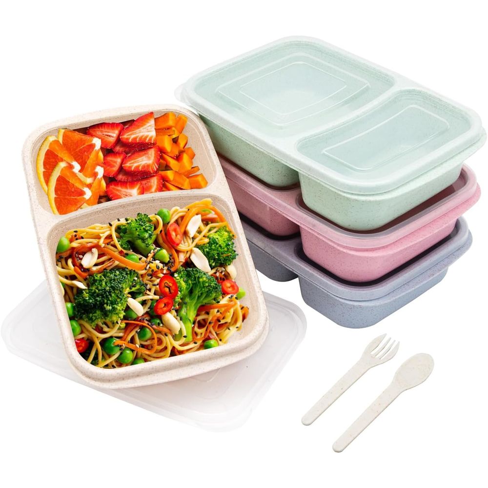 Food Storage Microwave Safe - กล่องอาหารกลางวันเบนโต 4 แพ็ค, ภาชนะเตรียมอาหาร 2 ช่องพร้อมฝาปิด,