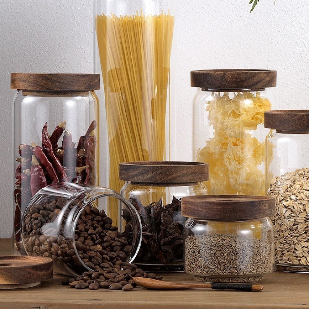 Food Storage Glass Round - โหลแก้วฝาไม้เอนกประสงค์สำหรับเก็บอาหาร เมล็ดกาแฟ กระปุกเก็บของแบบสุญญากาศ ใส หนา ทรงกลม