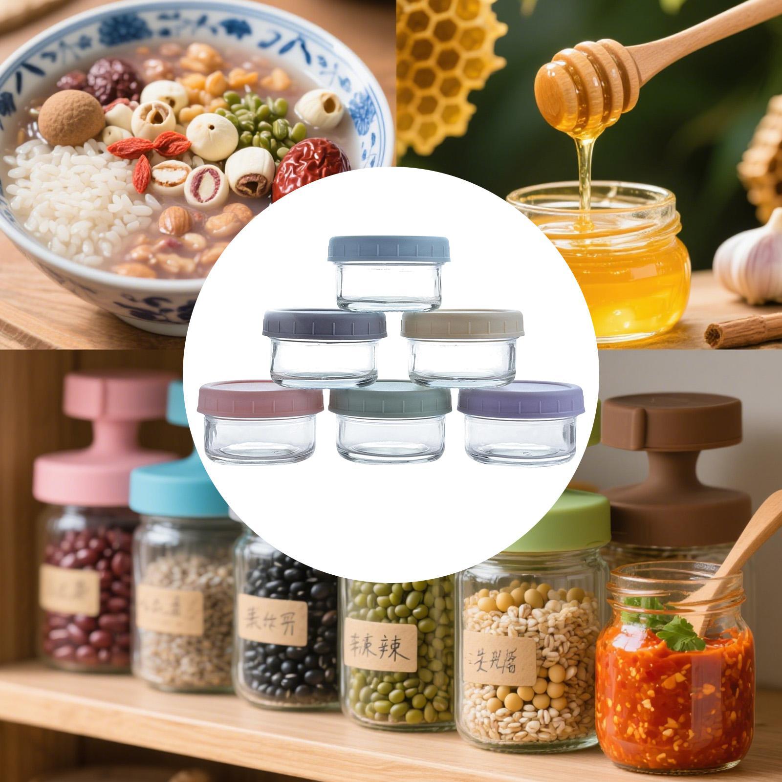 Food Storage Glass Round - ขวดแก้วขนาดเล็กพร้อมฝาปิดกันรั่ว ภาชนะทรงกลมแบบเติมได้สำหรับเครื่องเทศ ซอส และการเก็บอาหารในครัว