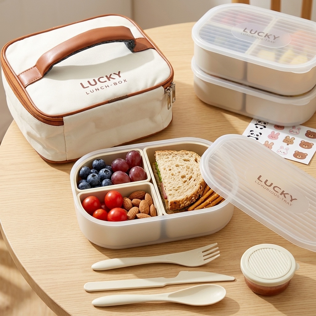 Food Storage Microwave Safe - กล่องข้าวพลาสติกแบบพกพาสำหรับเด็กนักเรียน แบ่งช่องได้ 3 ช่อง กล่องเบนโตะสำหรับโรงเรียน ปิกนิก