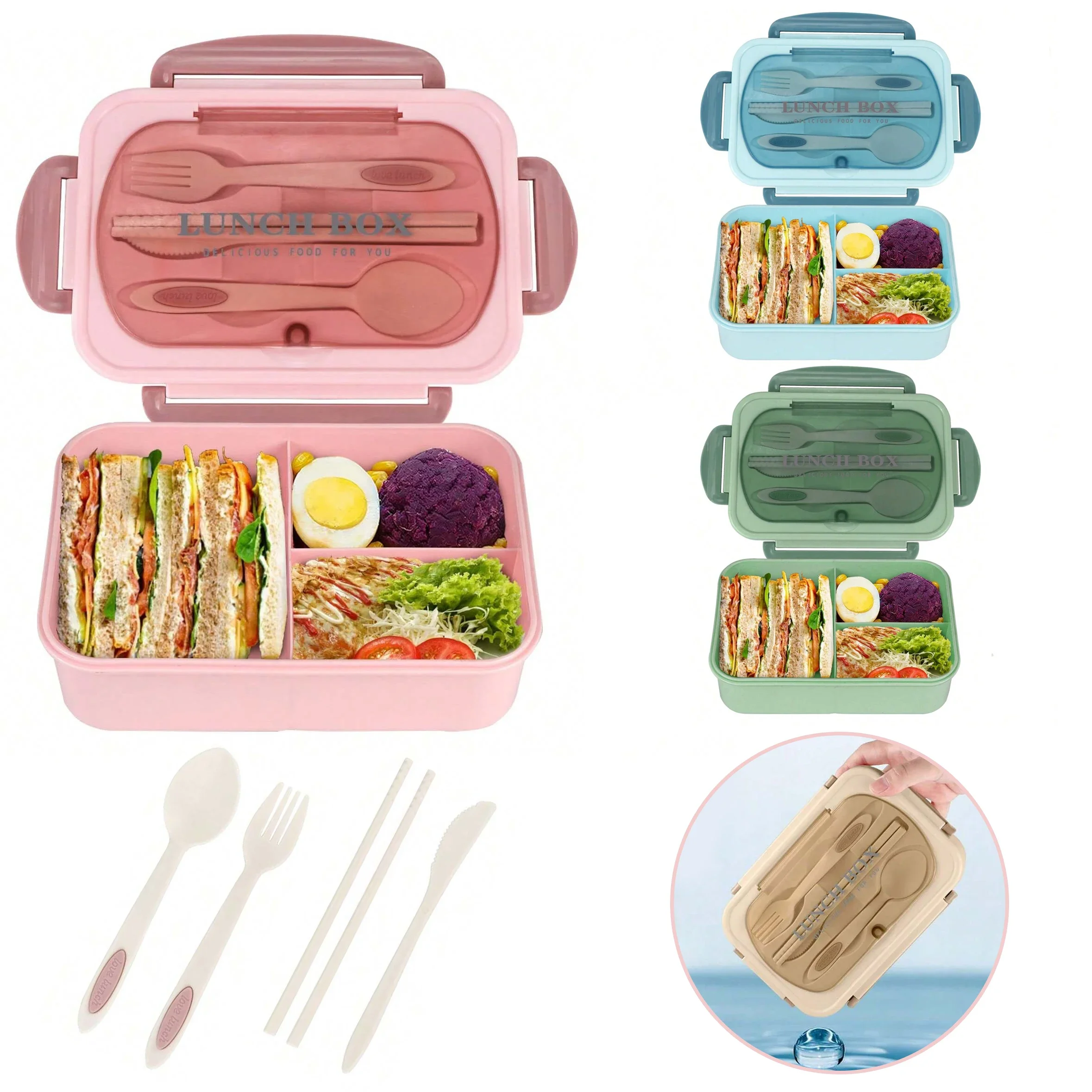 Food Storage Microwave Safe - กล่องเบนโตะสำหรับผู้ใหญ่ 3 ช่อง กล่องใส่อาหารกลางวันสำหรับผู้ชาย ผู้หญิง พกพาสะดวก