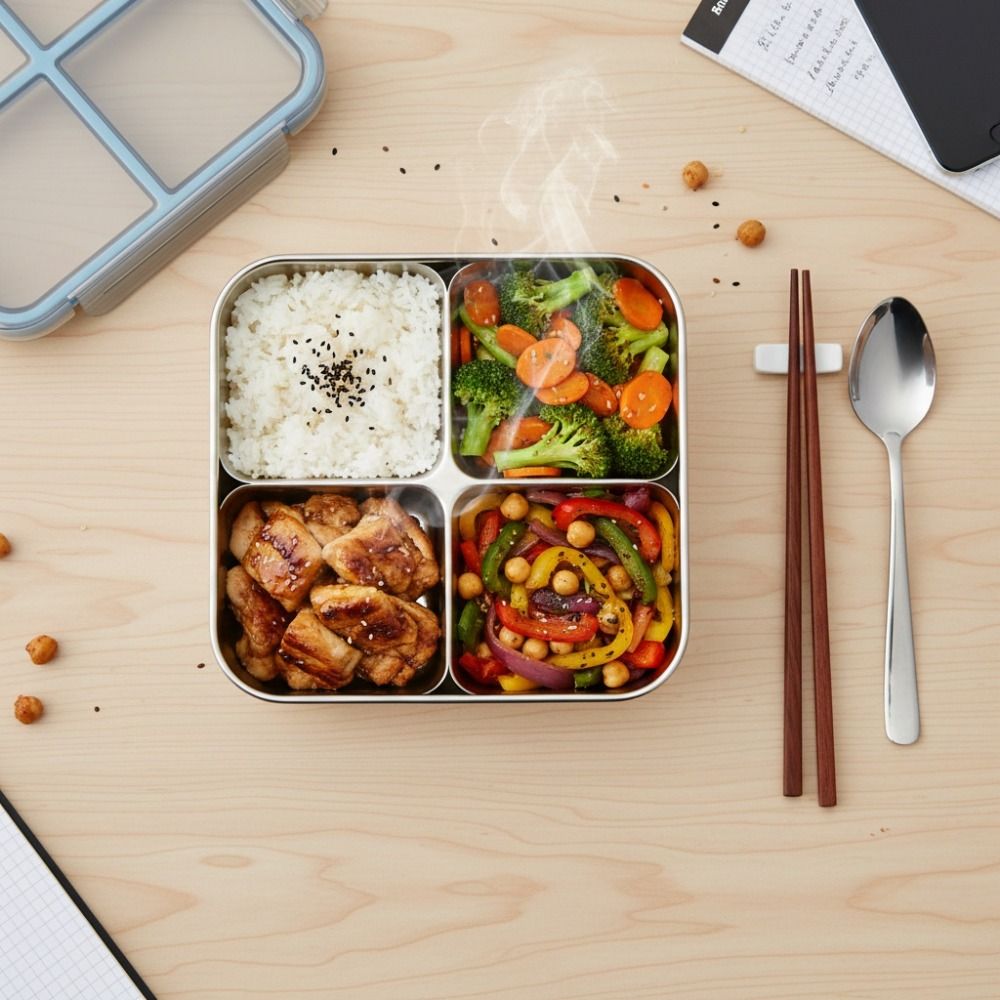Food Storage Microwave Safe - กล่องอาหารกลางวันทรงสี่เหลี่ยม 4 ช่อง ทำความสะอาดง่าย ป้องกันการรั่วซึม กล่องขนมแบบปิดสนิท