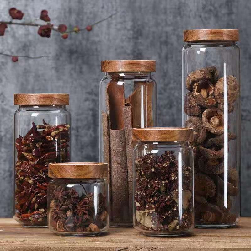 Food Storage Glass Round - รอบแก้วหลอด Jar Acacia ไม้ฝาครอบขวดเก็บแก้วปิดผนึกแก้ว Jar ครัวเก็บ