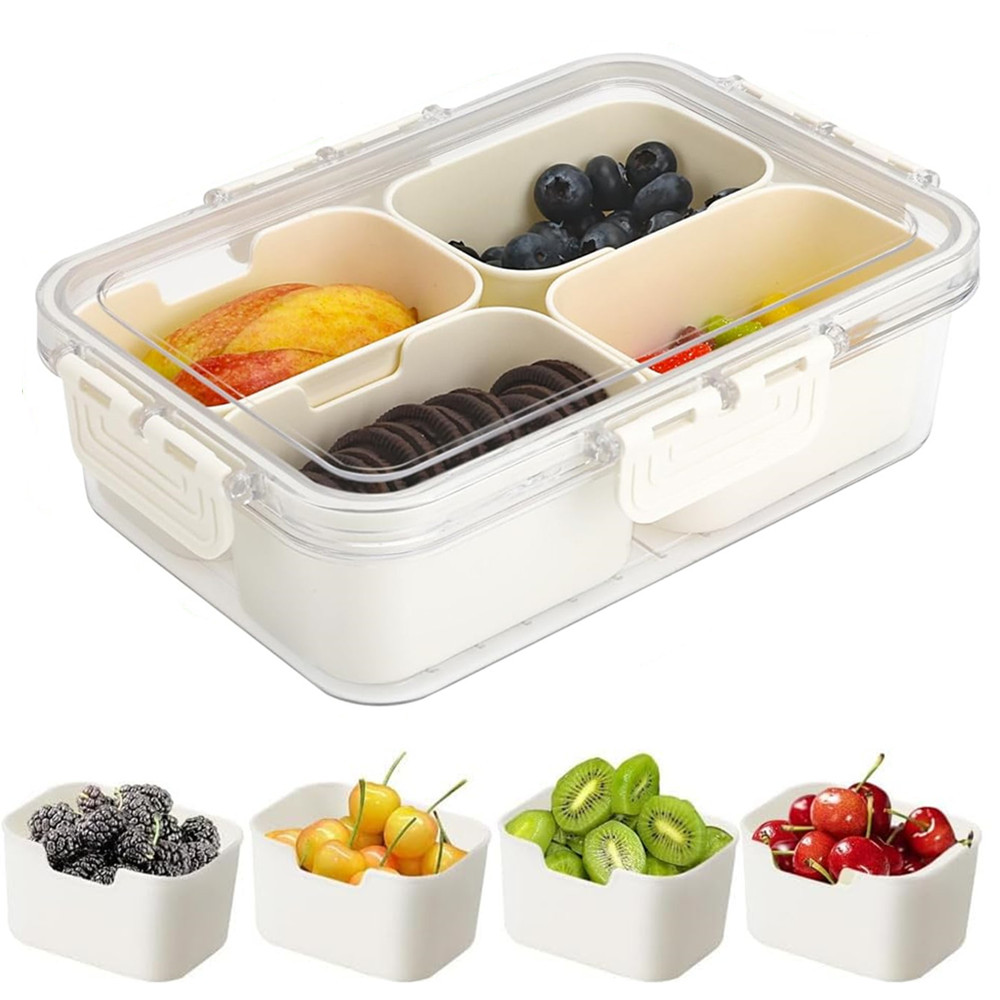 Food Storage Bins - กล่องเก็บอาหารแบบพกพา, กล่องเก็บขนม, 4 ช่องพร้อมฝาปิด, ถาดแยกสำหรับเสิร์ฟ, กล่องขนมสำหรับครัว,