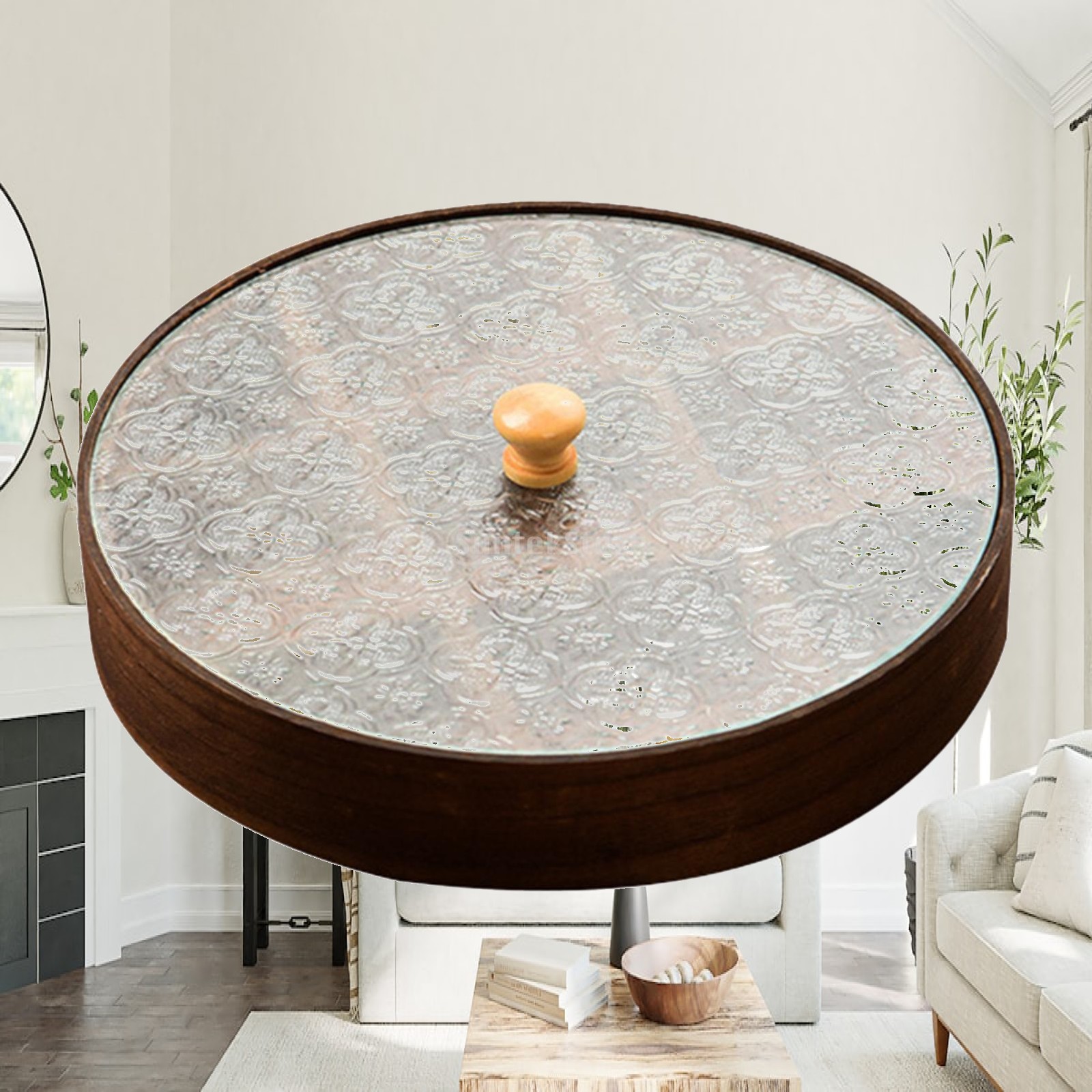 Food Storage Glass Round - ถาดเสิร์ฟแบ่งช่องพร้อมฝาปิด ทำจากไม้และแก้ว ทรงกลม สำหรับใส่ของว่างในครัวเรือน