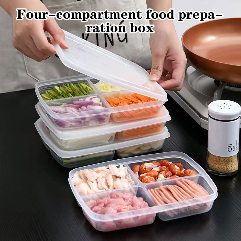 Food Storage Bins - ใหม่【กล่องเก็บของพลาสติก 4 ช่อง กล่องจัดระเบียบตู้เย็นแบบพกพา กล่องใส่อาหารผลไม้แบบแยกส่วน】