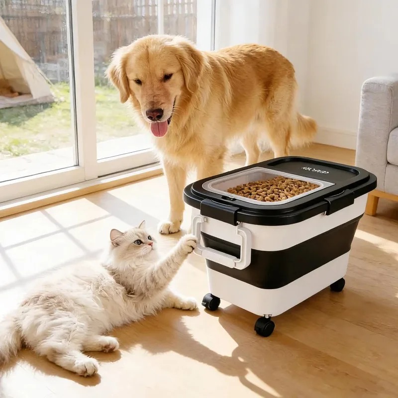 Food Storage Bins - กล่องเก็บอาหารสุนัขขนาด 20-25 ปอนด์ กล่องเก็บอาหารสัตว์เลี้ยงแบบสุญญากาศพร้อมฝาล็อค กล่องเก็บอาหารแบบพับได้พร้อมล้อเลื่อน