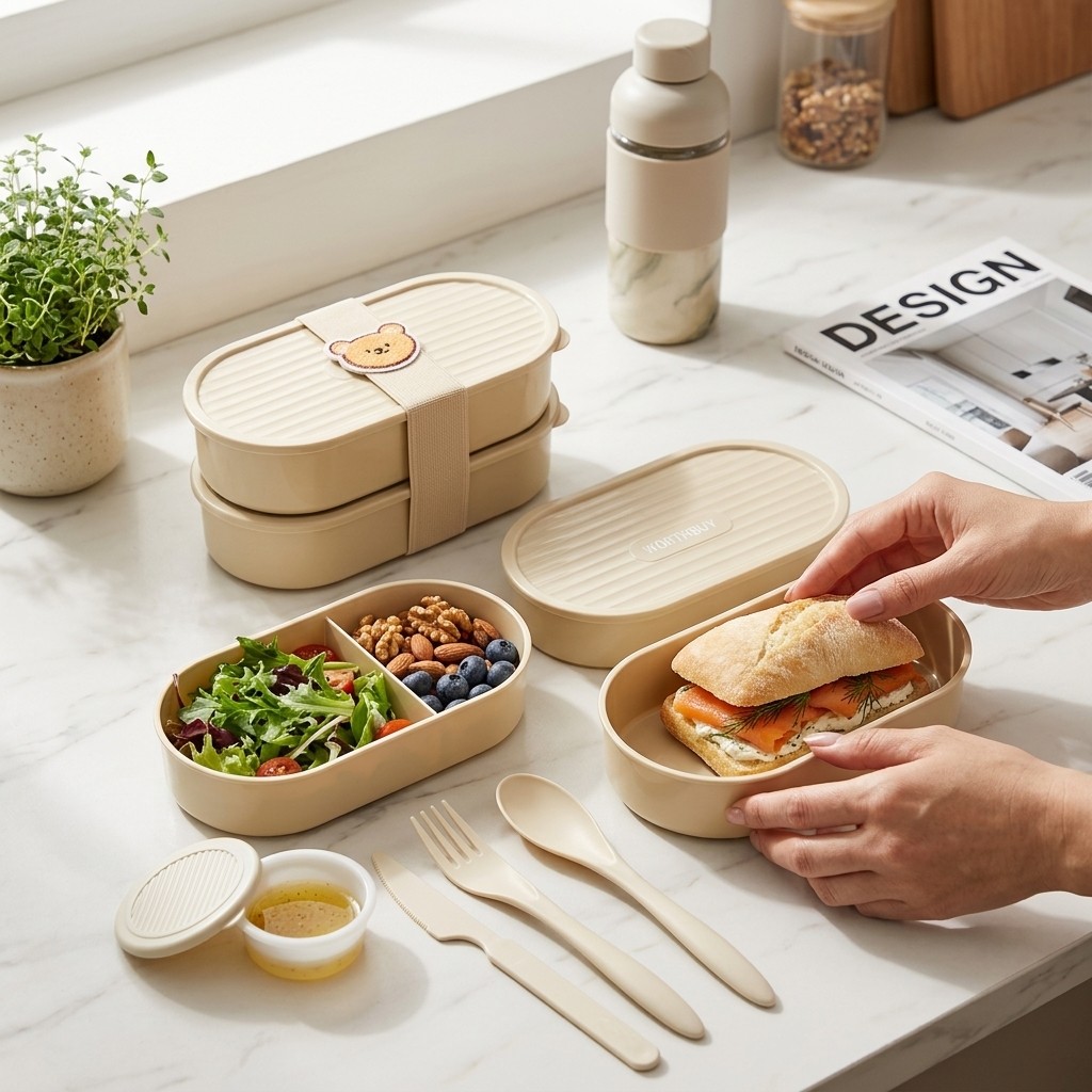 Food Storage Microwave Safe - กล่องอาหารกลางวันทรงรีสองชั้นพร้อมสายสะพายน่ารัก กล่องเบนโตะพลาสติกแบบใช้ซ้ำได้สำหรับเด็กนักเรียน ภาชนะใส่อาหารสำหรับโรงเรียน ใช้กับไมโครเวฟได้