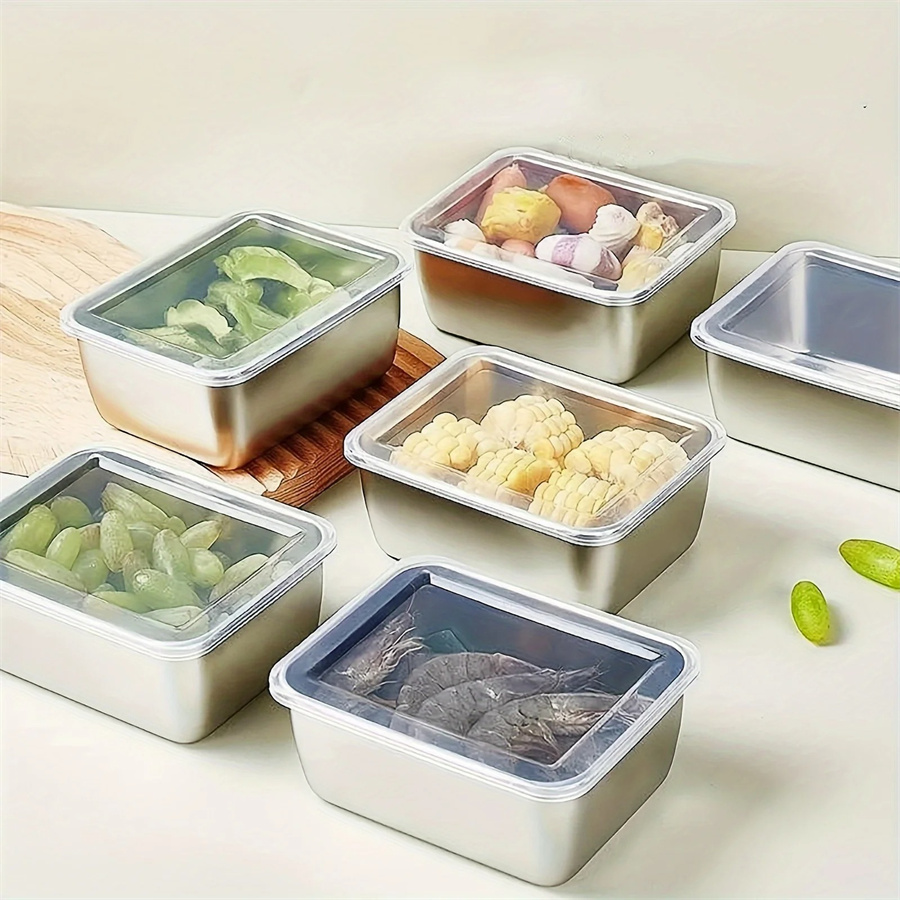 Food Storage Bins - 1/3/5pcs สแตนเลสกล่องเก็บอาหารสดกล่องพร้อมฝาปิด, สี่เหลี่ยมผืนผ้าไส้กรอกก๋วยเตี๋ยวผลไม้จานฝาครอบ