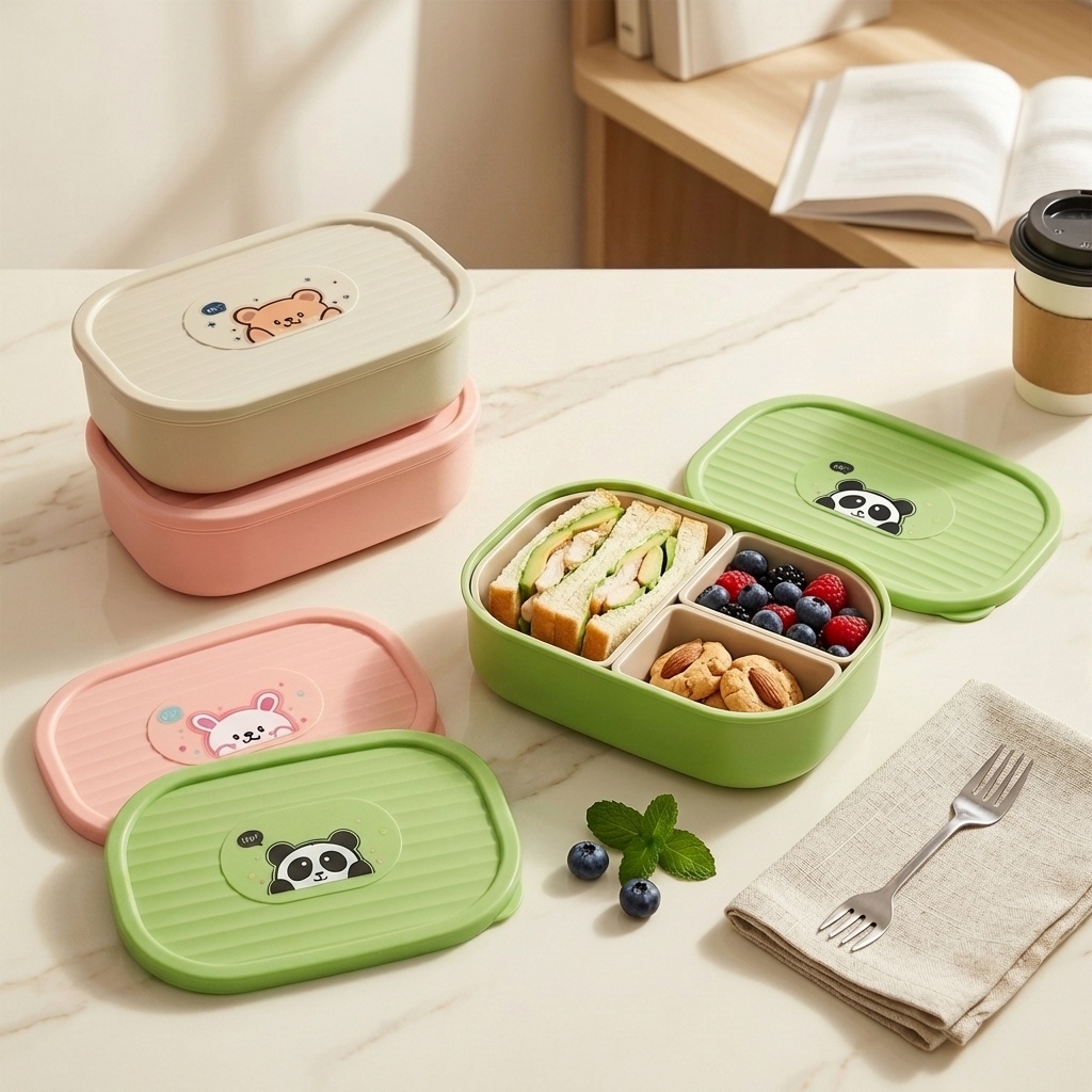 Food Storage Microwave Safe - กล่องอาหารกลางวันพลาสติกน่ารักสำหรับเด็กนักเรียน พกพาสะดวก ปิดสนิท แยกส่วนได้ 3 ช่อง
