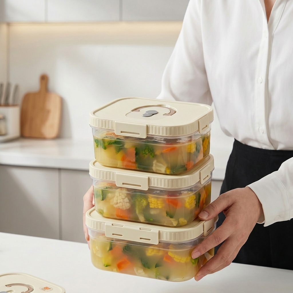 Food Storage Microwave Safe - กล่องเก็บอาหารพลาสติกใสพร้อมหูจับ กล่องเก็บผักผลไม้ปิดผนึก รักษาความสด ใช้ได้กับตู้เย็นและไมโครเวฟ อุปกรณ์จัดระเบียบครัว